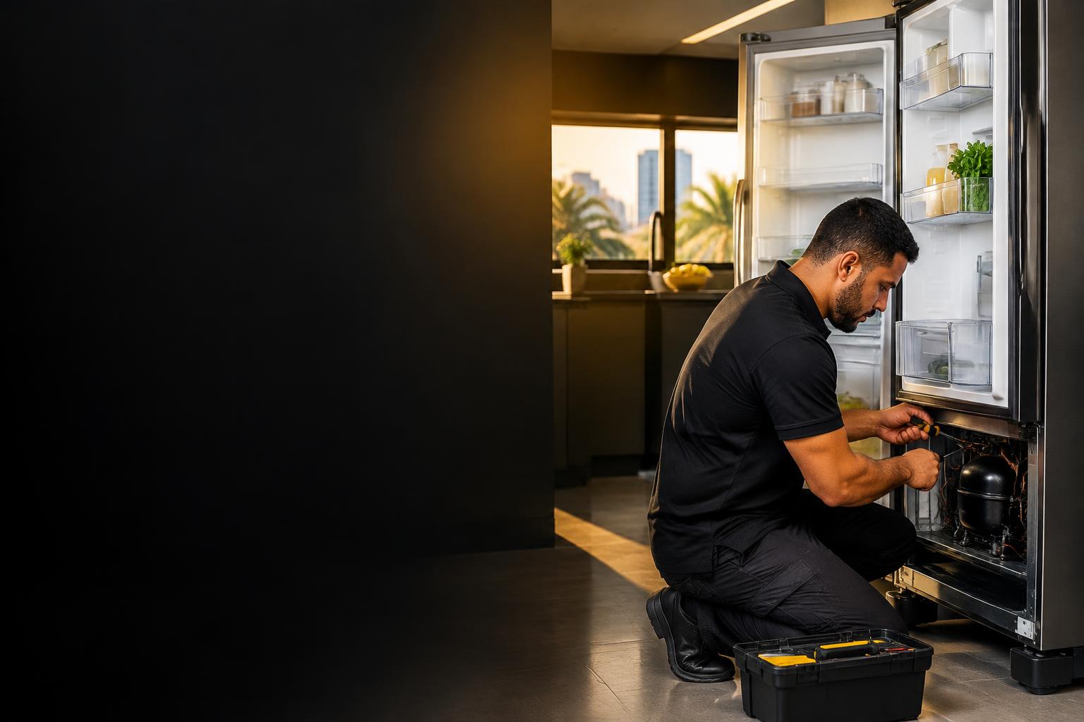 Técnico realizando manutenção em geladeira